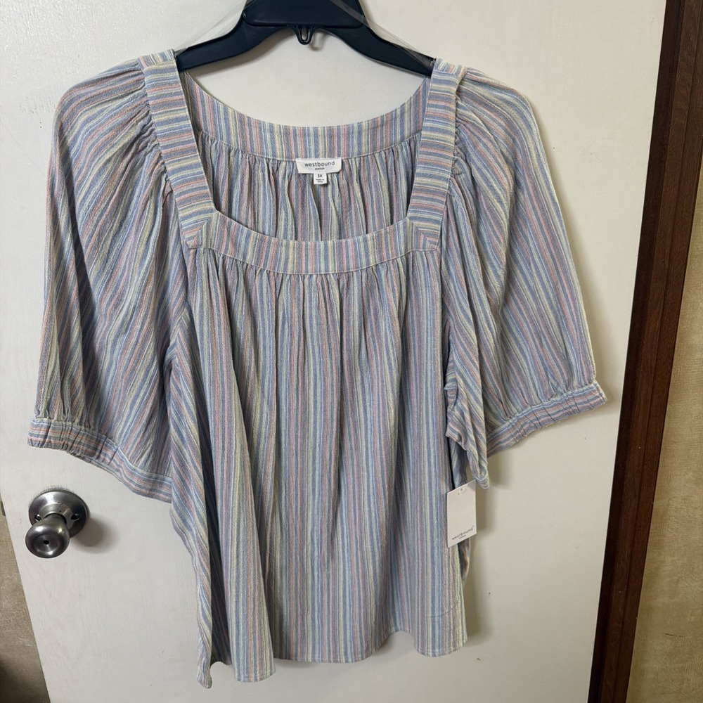 NWT WESTBOUND 3X Blue Multi Stripe Square Neck Puff Short Sleeve Top